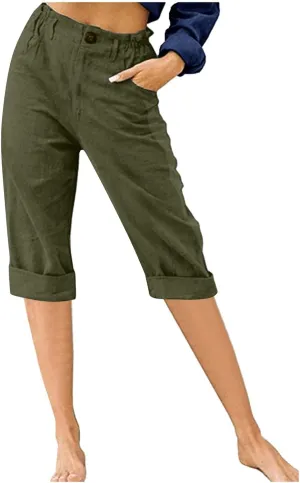 RKSTN Linen Pants Women Summer 2025 Capris for Work Casual Cropped Trousers Solid Plain High Waist Straight Pant with Pockets