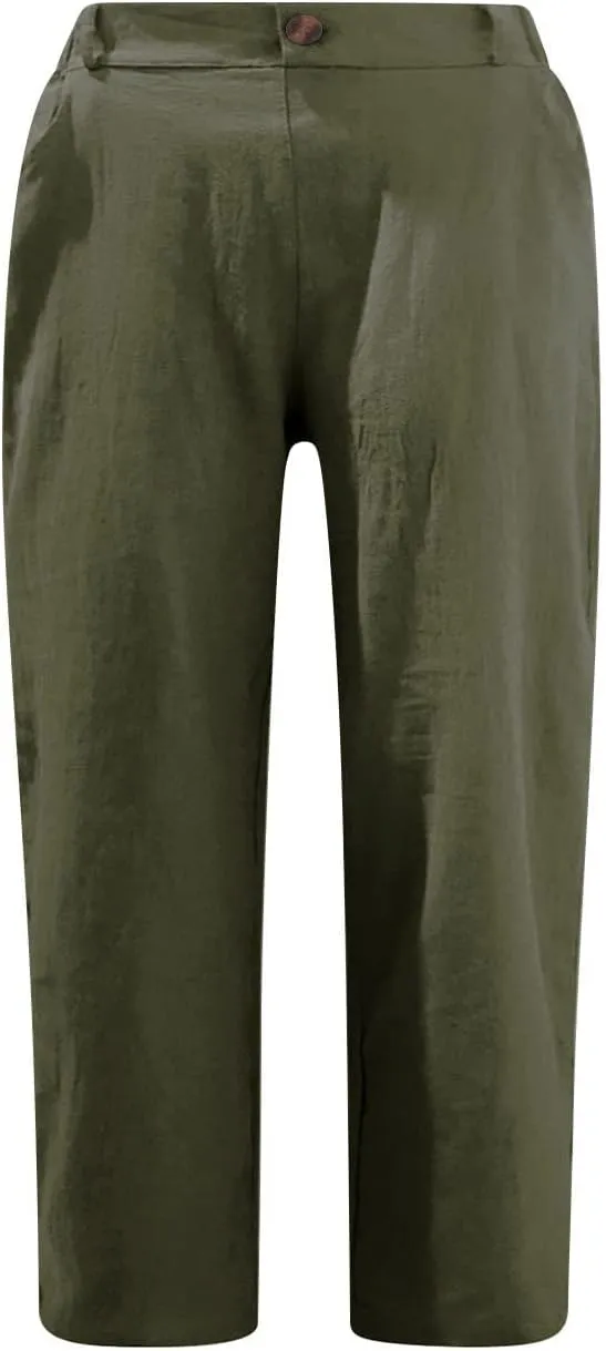 RKSTN Linen Pants Women Summer 2025 Capris for Work Casual Cropped Trousers Solid Plain High Waist Straight Pant with Pockets