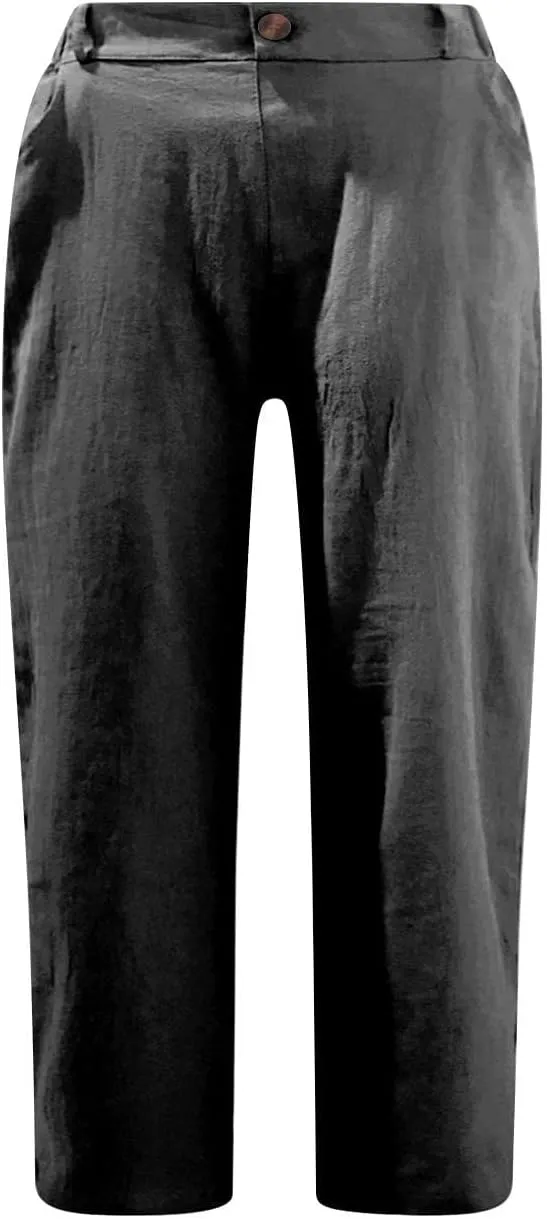 RKSTN Linen Pants Women Summer 2025 Capris for Work Casual Cropped Trousers Solid Plain High Waist Straight Pant with Pockets