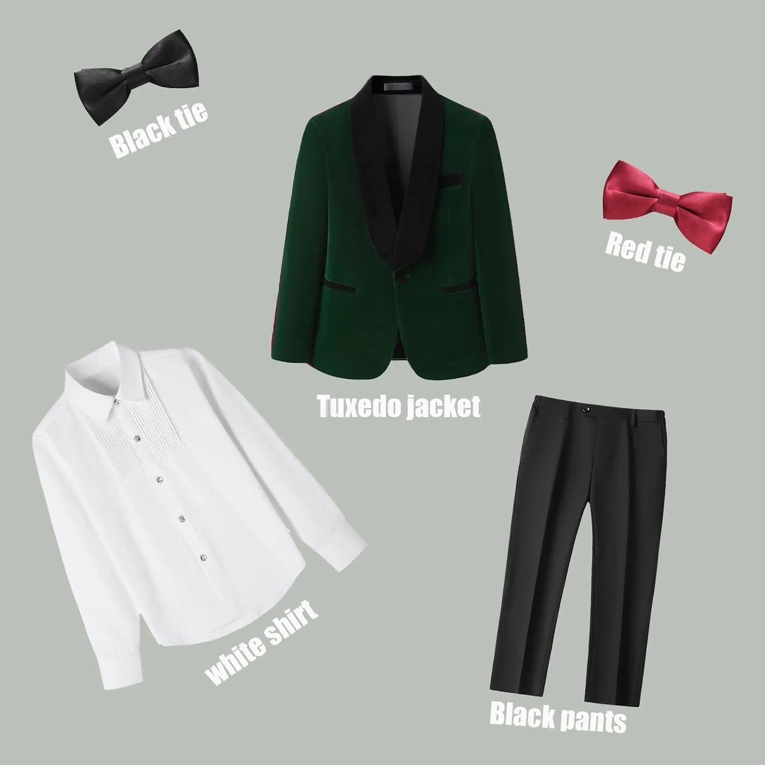 Rogers & Morris Boys Velvet Tuxedo Suit Formal Outfits Slim Fit Kids 5 Piece Set Shawl Lapel with 2 Bow-tie