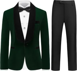 Rogers & Morris Boys Velvet Tuxedo Suit Formal Outfits Slim Fit Kids 5 Piece Set Shawl Lapel with 2 Bow-tie