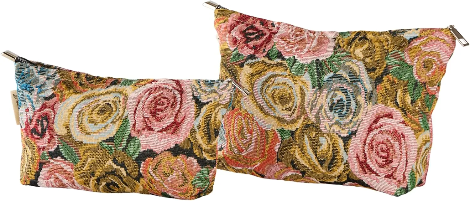 Rose Floral Print Canvas Makeup Bag for Women Girls, Large Capacity Trendy Travel-Friendly Cosmetic Bag, Secure Metal Zipper Pouch Aesthetic Toiletry Bag Organizer (Set of 2)