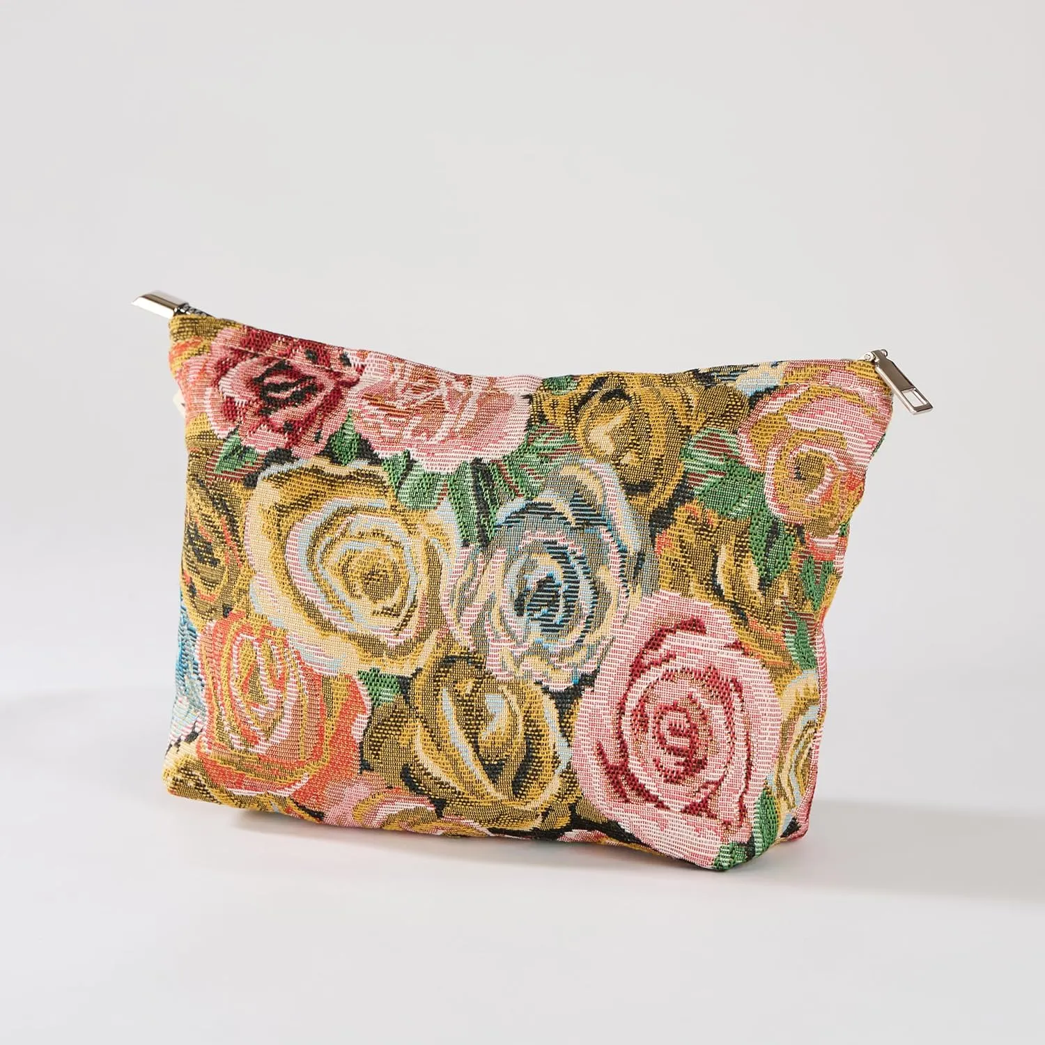 Rose Floral Print Canvas Makeup Bag for Women Girls, Large Capacity Trendy Travel-Friendly Cosmetic Bag, Secure Metal Zipper Pouch Aesthetic Toiletry Bag Organizer (Set of 2)