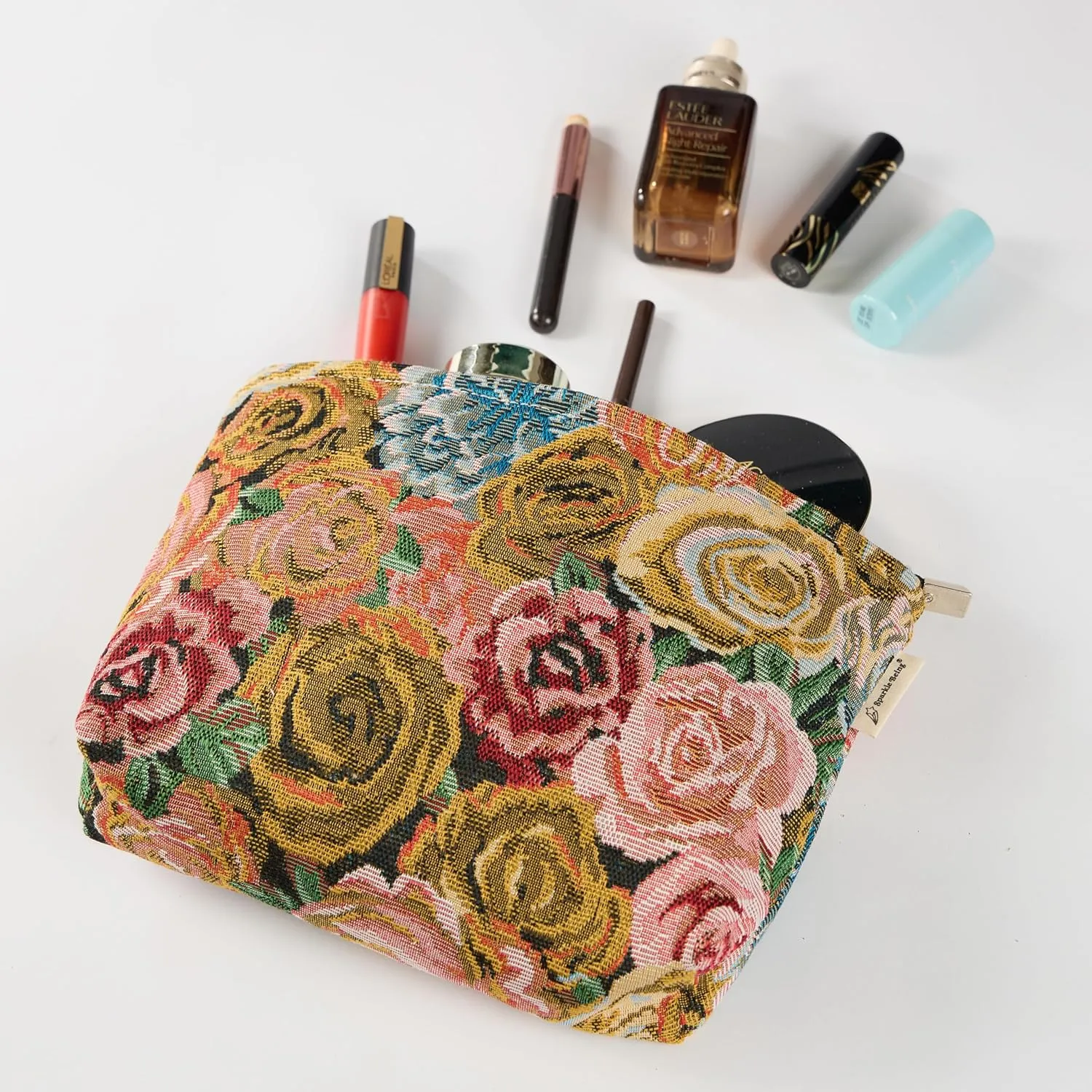 Rose Floral Print Canvas Makeup Bag for Women Girls, Large Capacity Trendy Travel-Friendly Cosmetic Bag, Secure Metal Zipper Pouch Aesthetic Toiletry Bag Organizer (Set of 2)