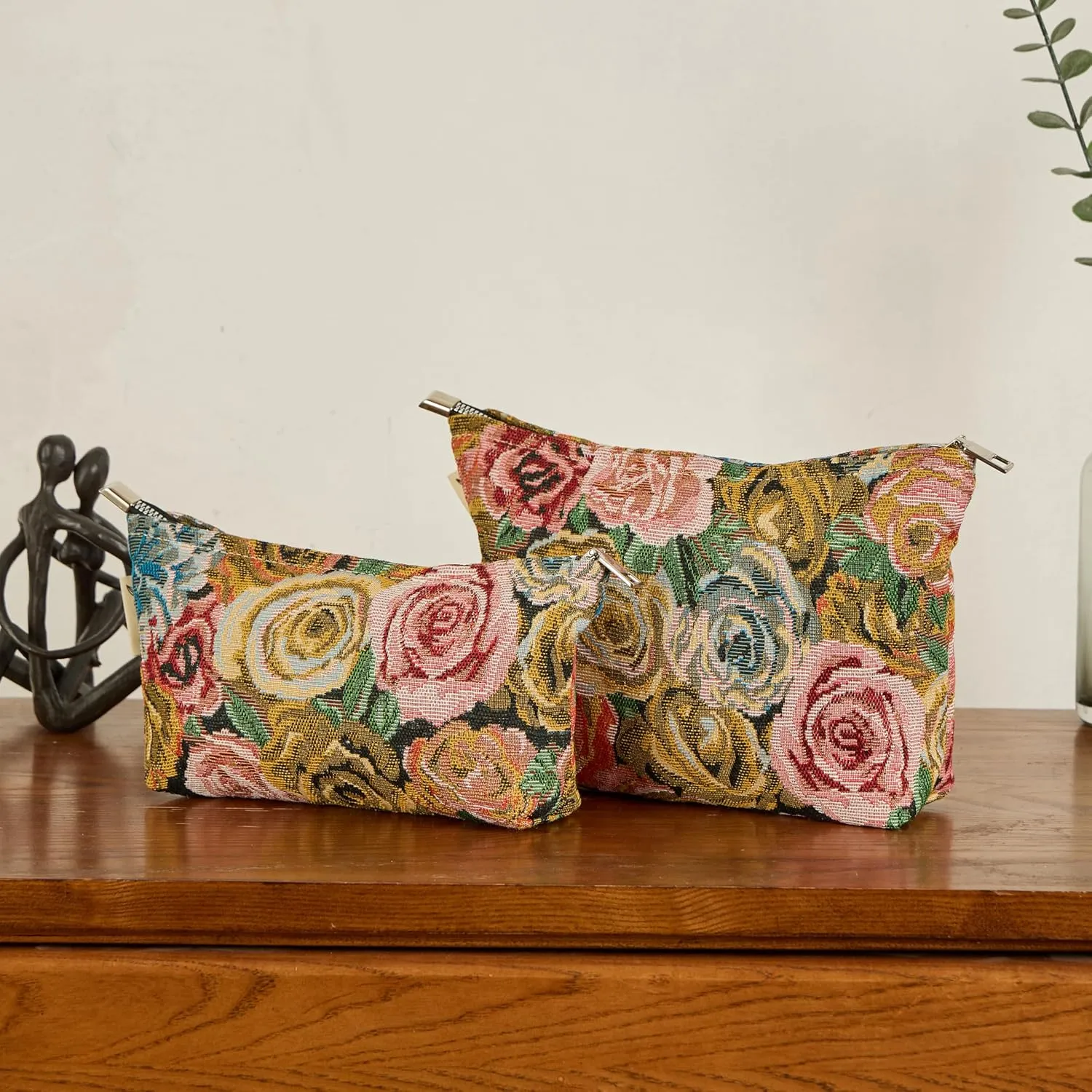 Rose Floral Print Canvas Makeup Bag for Women Girls, Large Capacity Trendy Travel-Friendly Cosmetic Bag, Secure Metal Zipper Pouch Aesthetic Toiletry Bag Organizer (Set of 2)