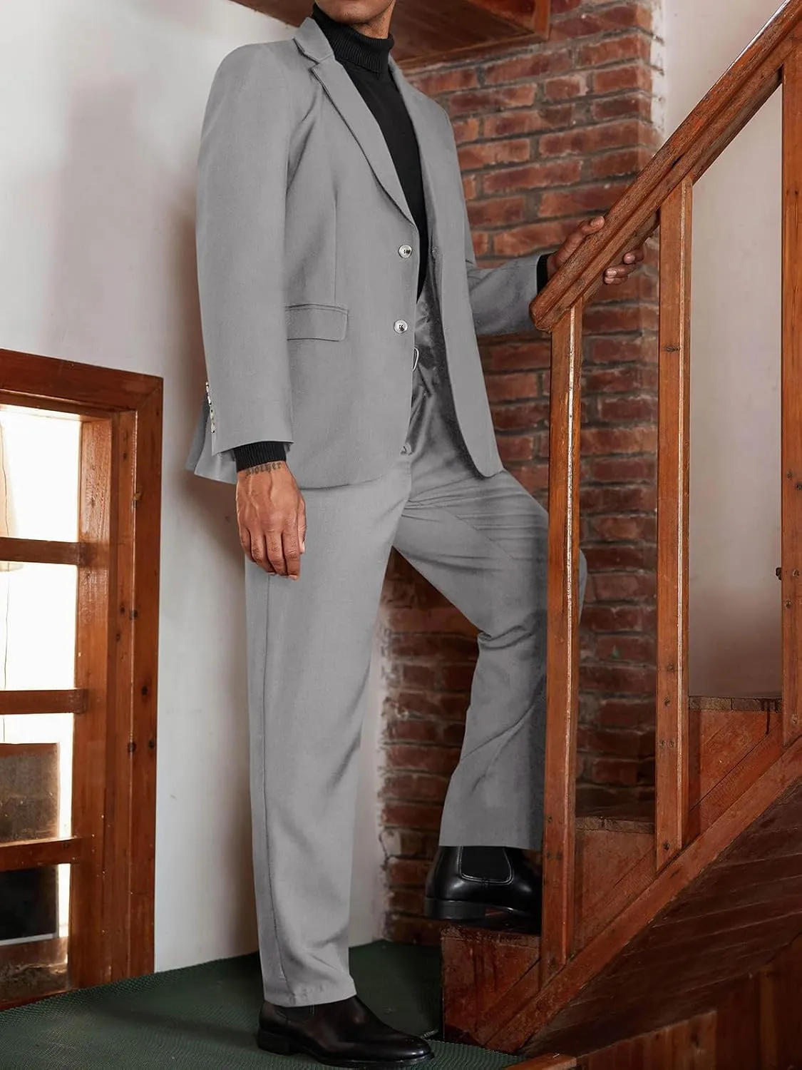 Runcati Mens 2 Piece Suit Slim Fit Two Button Solid Tuxedo Jacket Blazer Pants Wedding Business Prom Sets