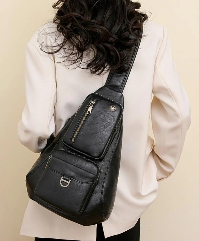 Rungion Trendy Sling Shoulder Bag for Women Vegan Leather Crossbody Purse Small Chest Bag Multi Pocket Satchel for Travel