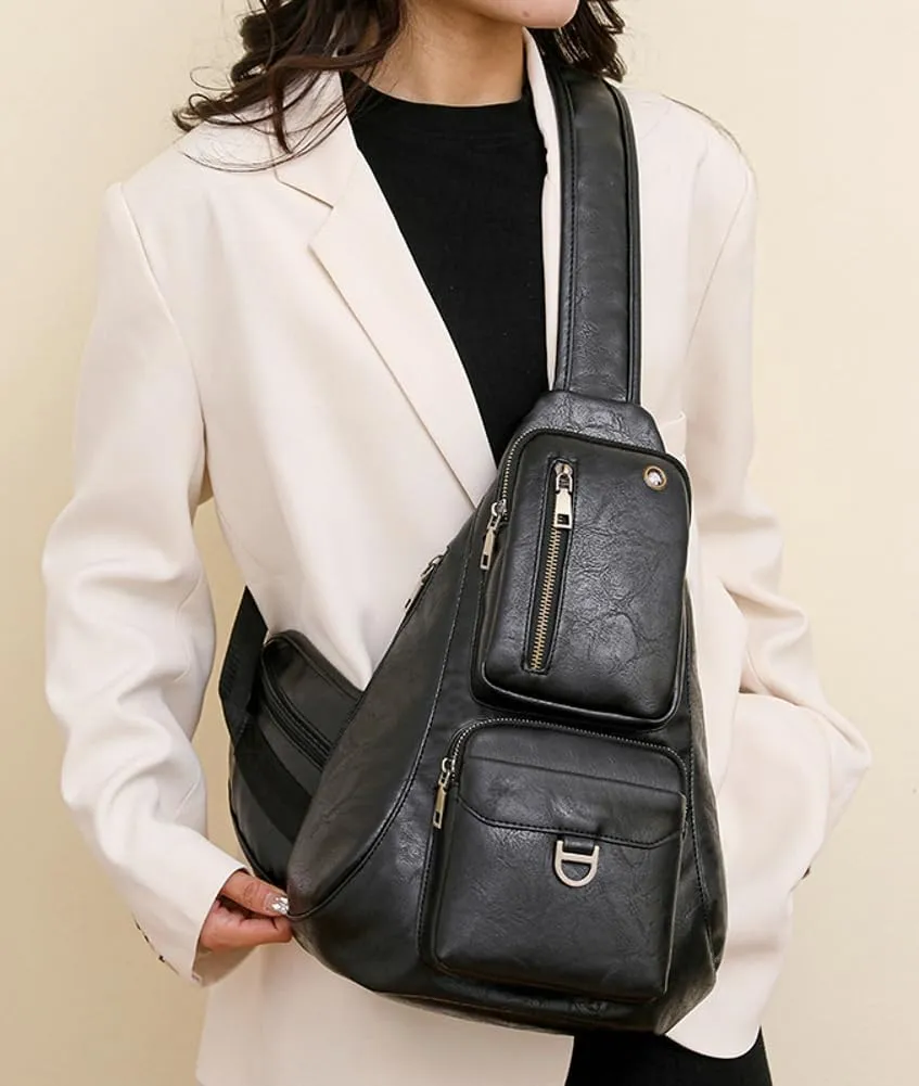 Rungion Trendy Sling Shoulder Bag for Women Vegan Leather Crossbody Purse Small Chest Bag Multi Pocket Satchel for Travel