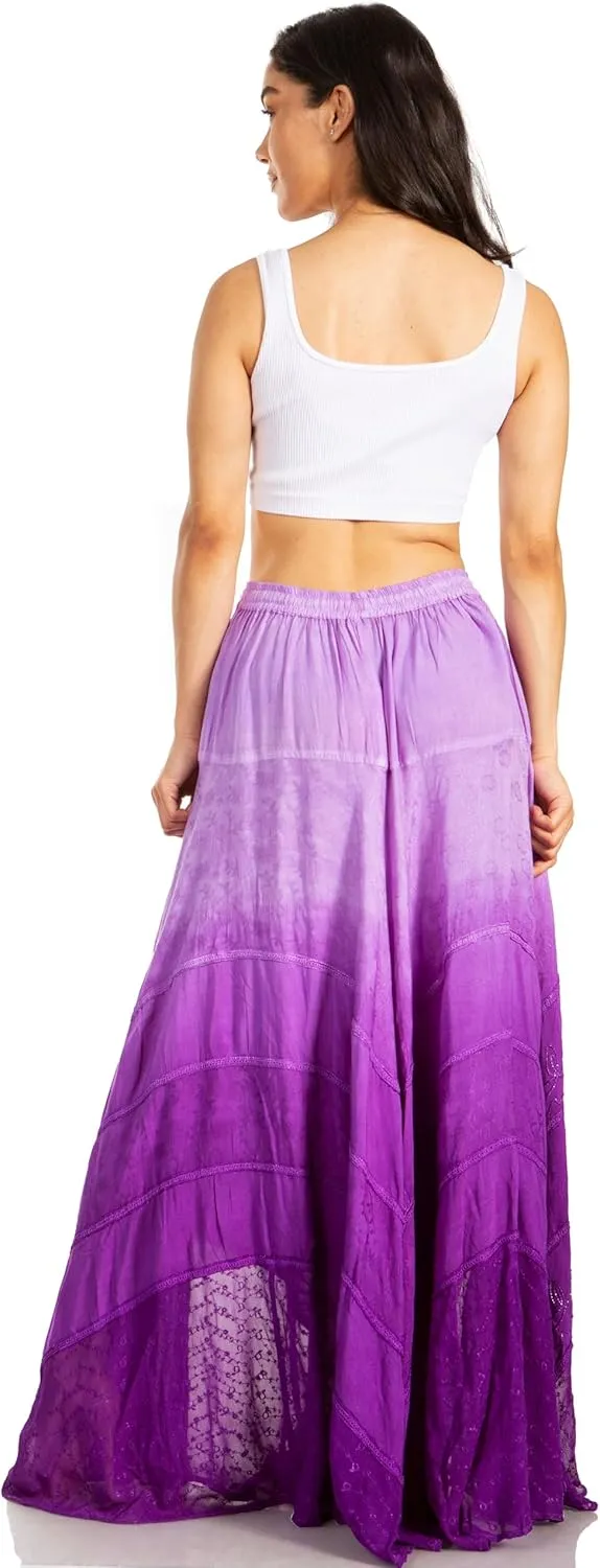 Sakkas Lyra Womens Bohemian Soft Brocade Rayon Tiered Embroidered Flowy Long Skirt