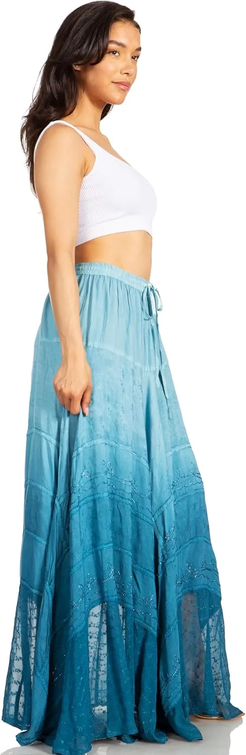 Sakkas Lyra Womens Bohemian Soft Brocade Rayon Tiered Embroidered Flowy Long Skirt