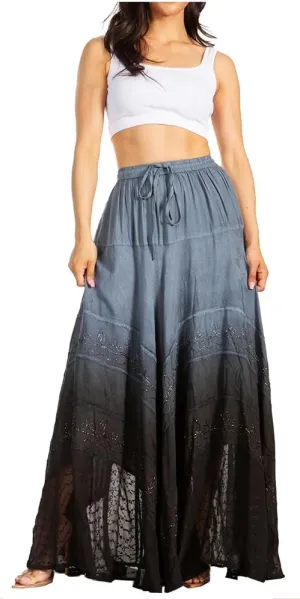 Sakkas Lyra Womens Bohemian Soft Brocade Rayon Tiered Embroidered Flowy Long Skirt