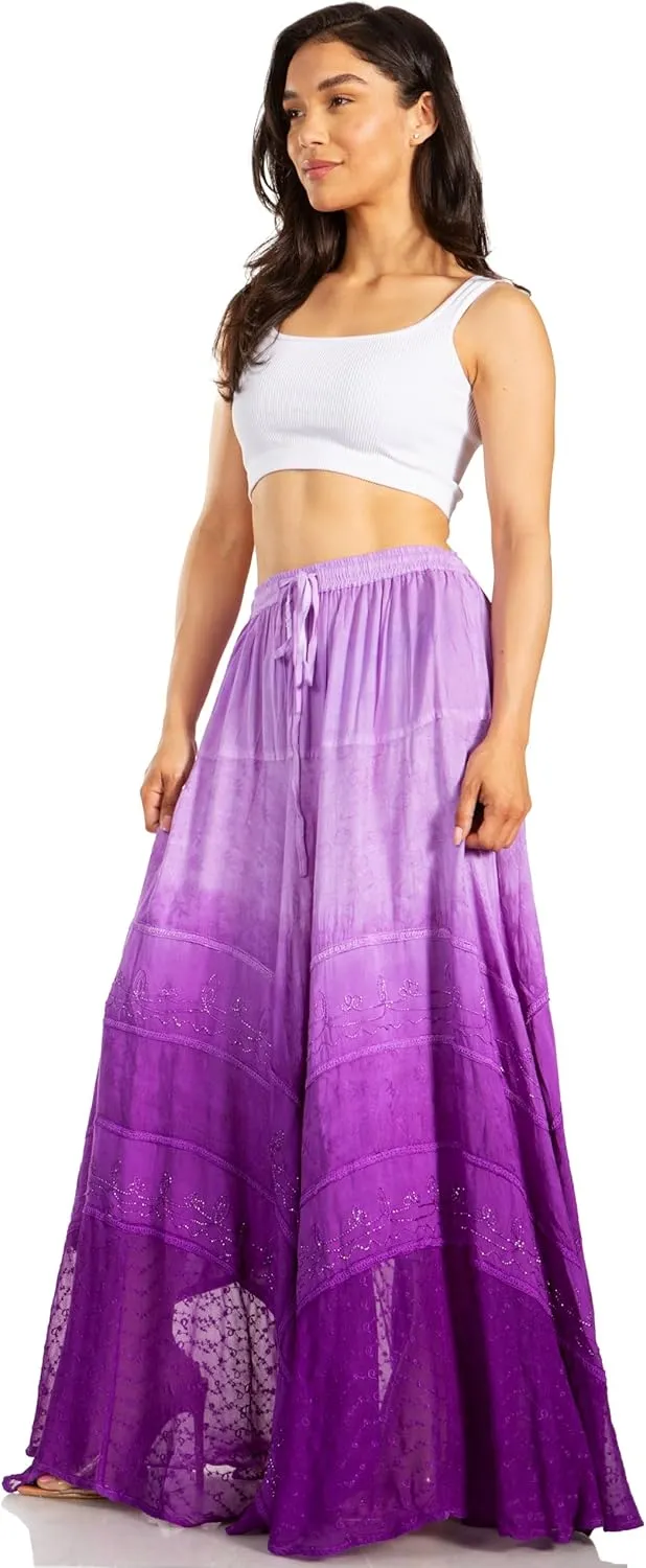 Sakkas Lyra Womens Bohemian Soft Brocade Rayon Tiered Embroidered Flowy Long Skirt