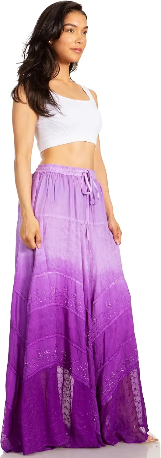 Sakkas Lyra Womens Bohemian Soft Brocade Rayon Tiered Embroidered Flowy Long Skirt