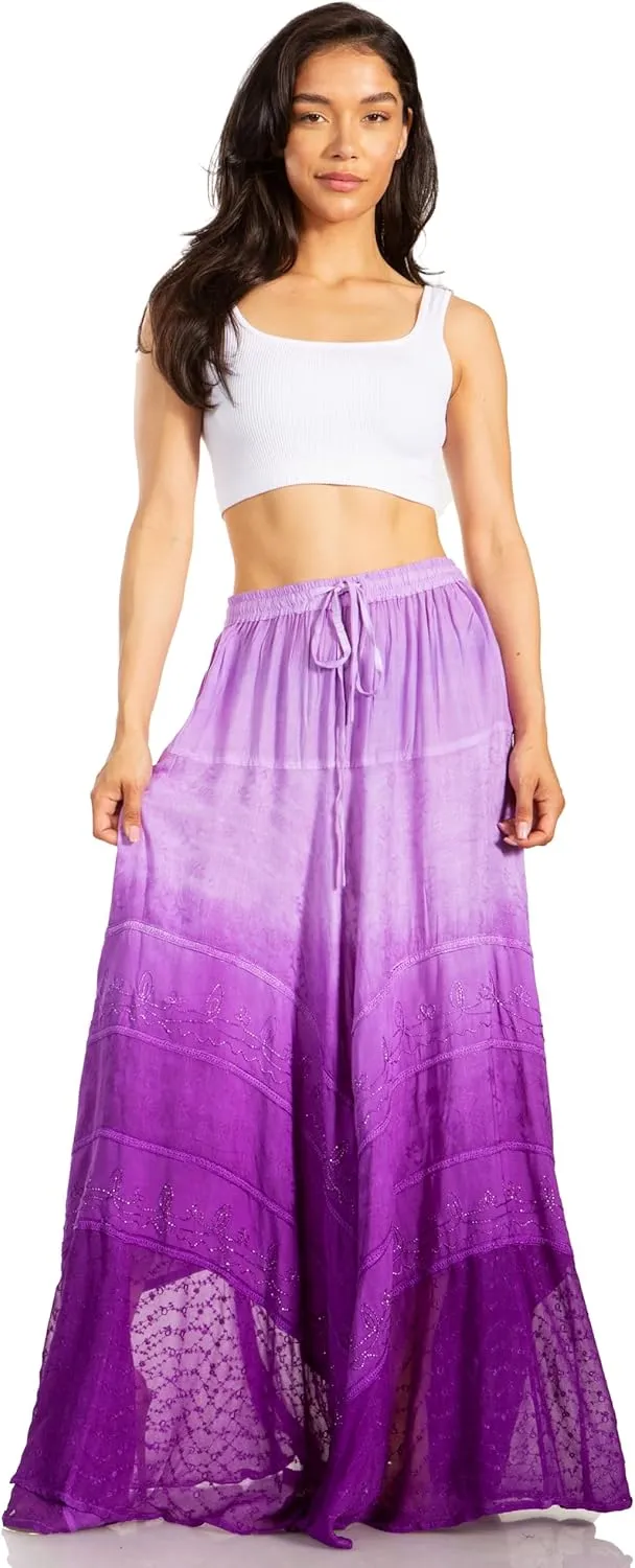 Sakkas Lyra Womens Bohemian Soft Brocade Rayon Tiered Embroidered Flowy Long Skirt