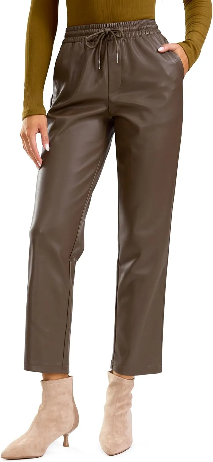 SANTINY Women's Faux Leather Pants High Waisted Straight Leg Cropped Ankle Trousers Vegan Matte Pleather Pants for Women