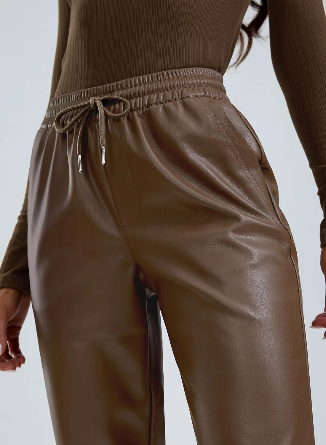 SANTINY Women's Faux Leather Pants High Waisted Straight Leg Cropped Ankle Trousers Vegan Matte Pleather Pants for Women