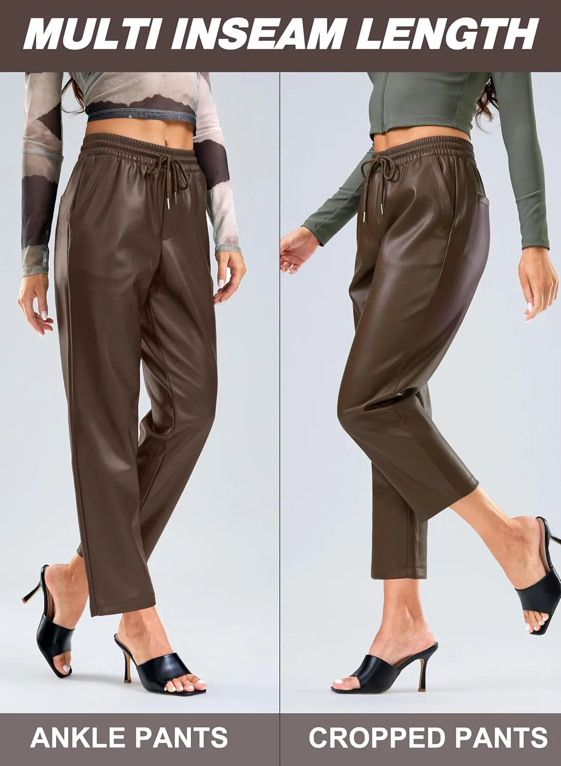 SANTINY Women's Faux Leather Pants High Waisted Straight Leg Cropped Ankle Trousers Vegan Matte Pleather Pants for Women
