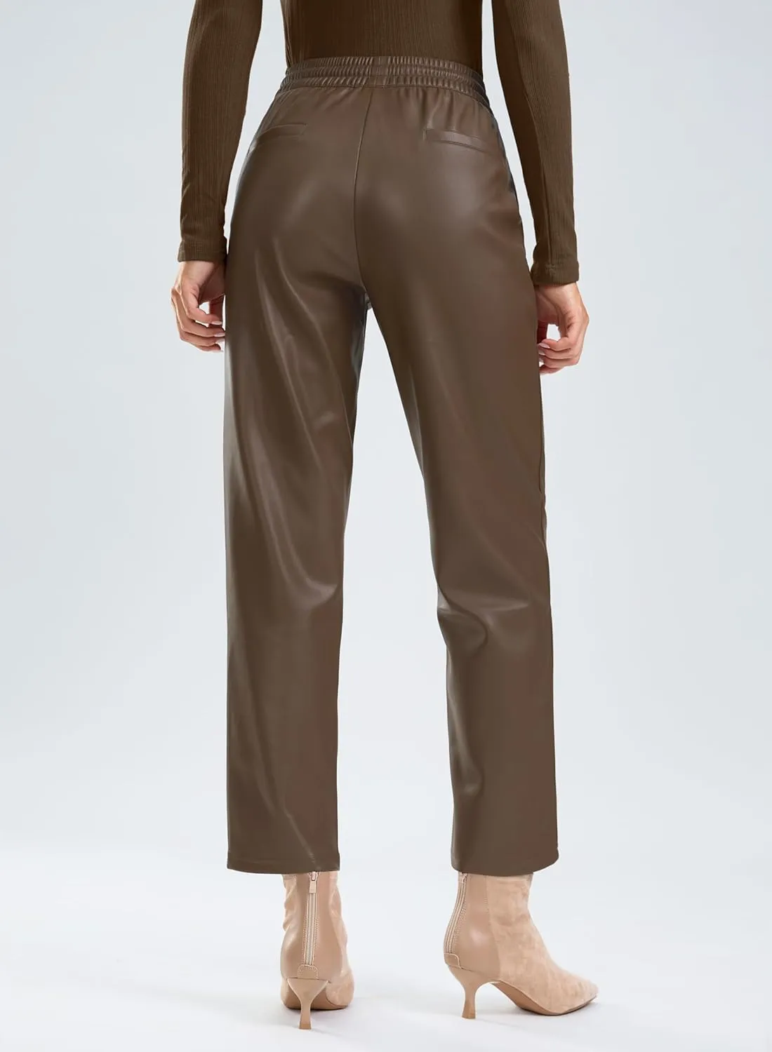 SANTINY Women's Faux Leather Pants High Waisted Straight Leg Cropped Ankle Trousers Vegan Matte Pleather Pants for Women