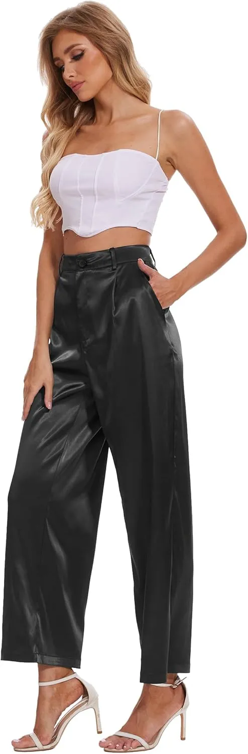 Satin Pants for Women High Waist Wide Leg Dress Casual Silk Disco Pants with Pockets