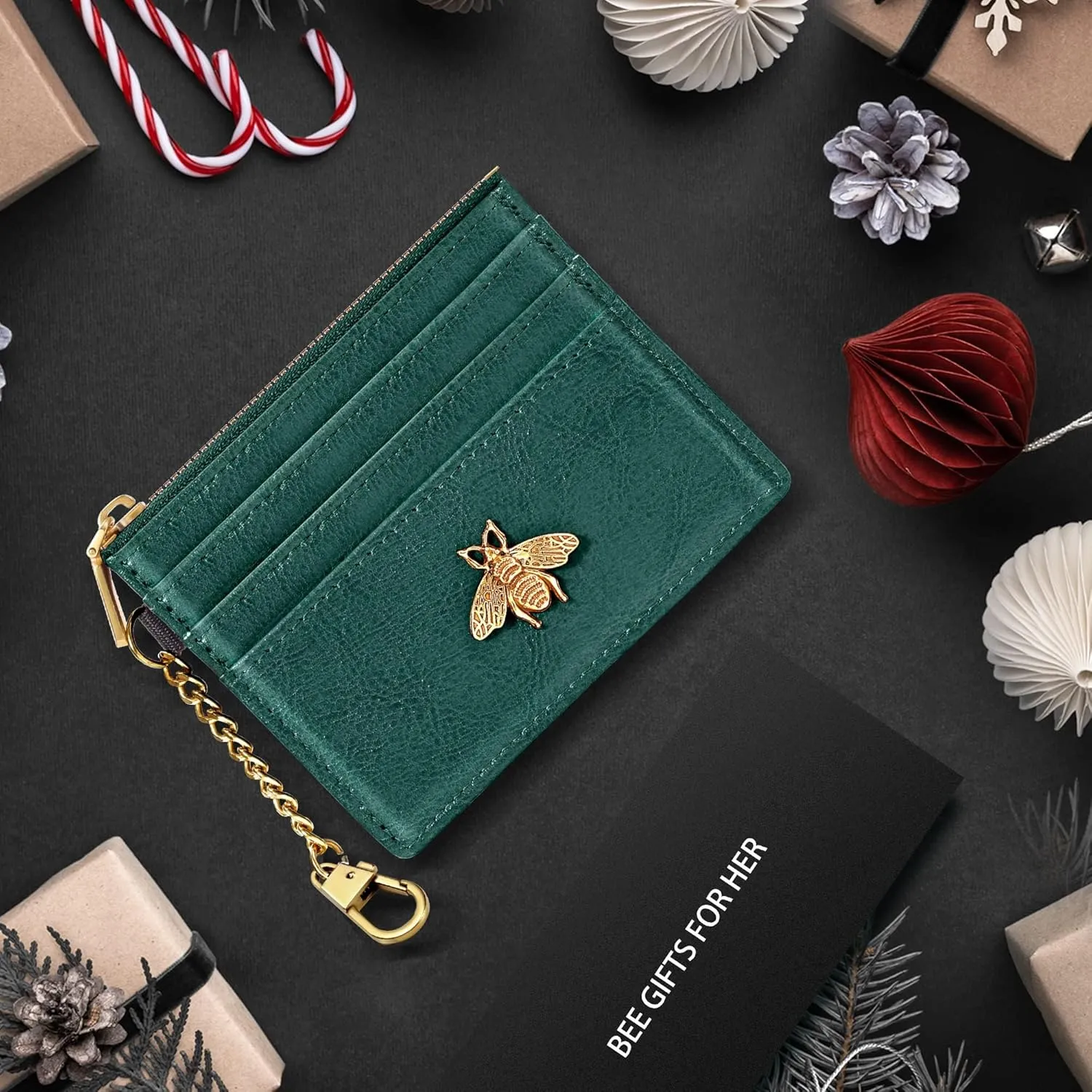 SEAVILIA Card Holder Keychain Wallet for Women with ID Window RFID Coin Purse Bee Gifts Slim Minimalist Small Wallet