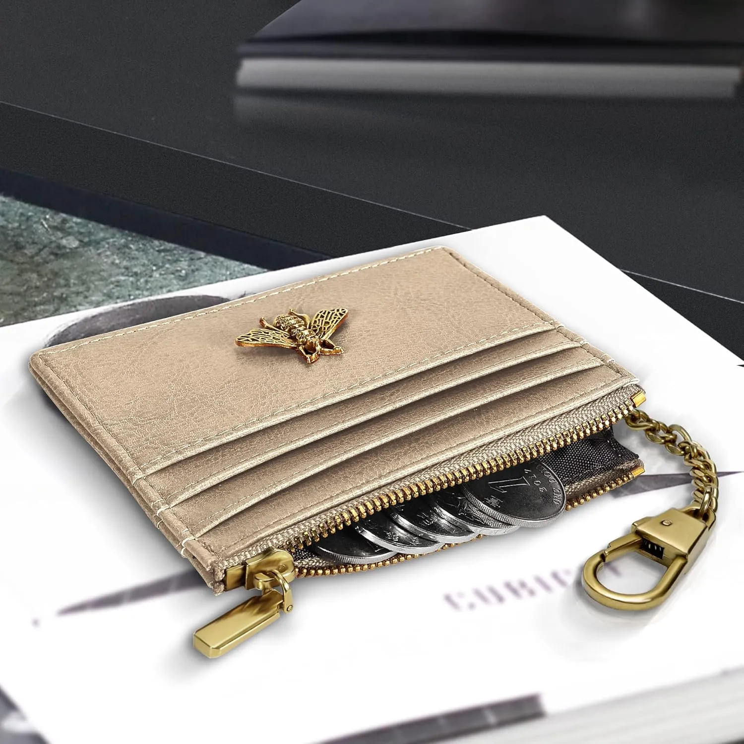SEAVILIA Card Holder Keychain Wallet for Women with ID Window RFID Coin Purse Bee Gifts Slim Minimalist Small Wallet