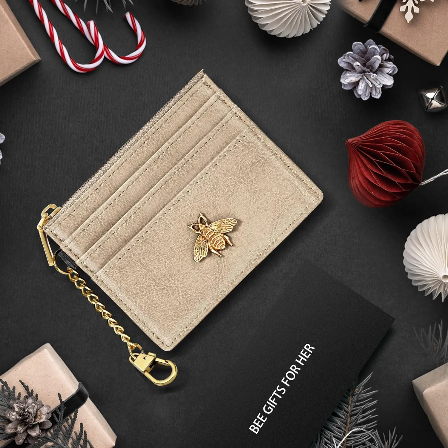 SEAVILIA Card Holder Keychain Wallet for Women with ID Window RFID Coin Purse Bee Gifts Slim Minimalist Small Wallet