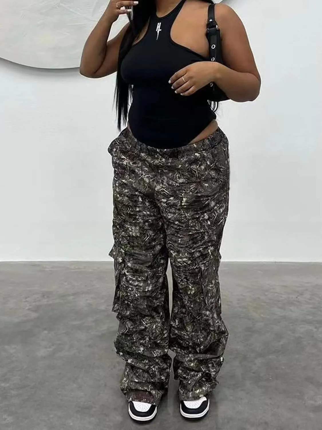 Seltaon Fall Camo Pants for Women Camouflage Army Fatigue Wide Leg Baggy Pants Trousers Plus Size