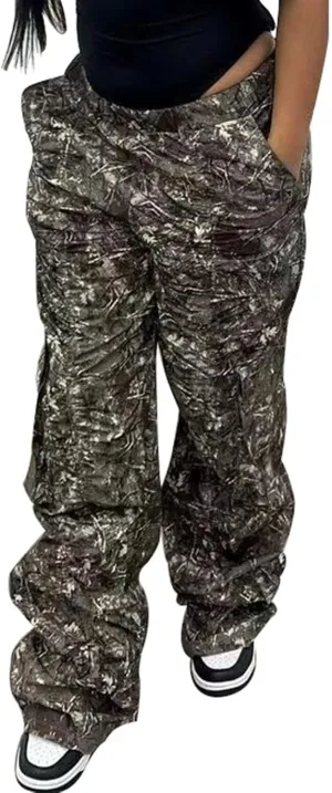 Seltaon Fall Camo Pants for Women Camouflage Army Fatigue Wide Leg Baggy Pants Trousers Plus Size