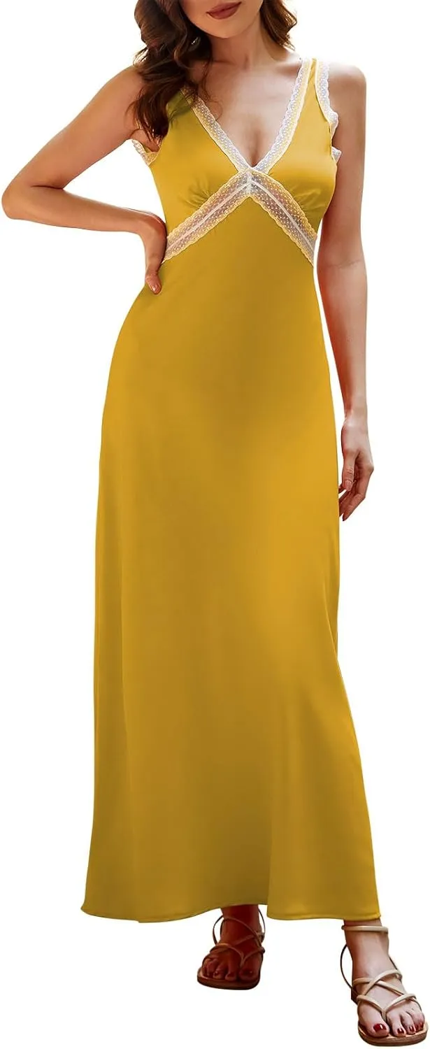 Senllen Dresses for Women 2024 Boho Maxi Dress Womens Lace Bodycon Sundress Sleeveless V-Neck Beach Summer Dress