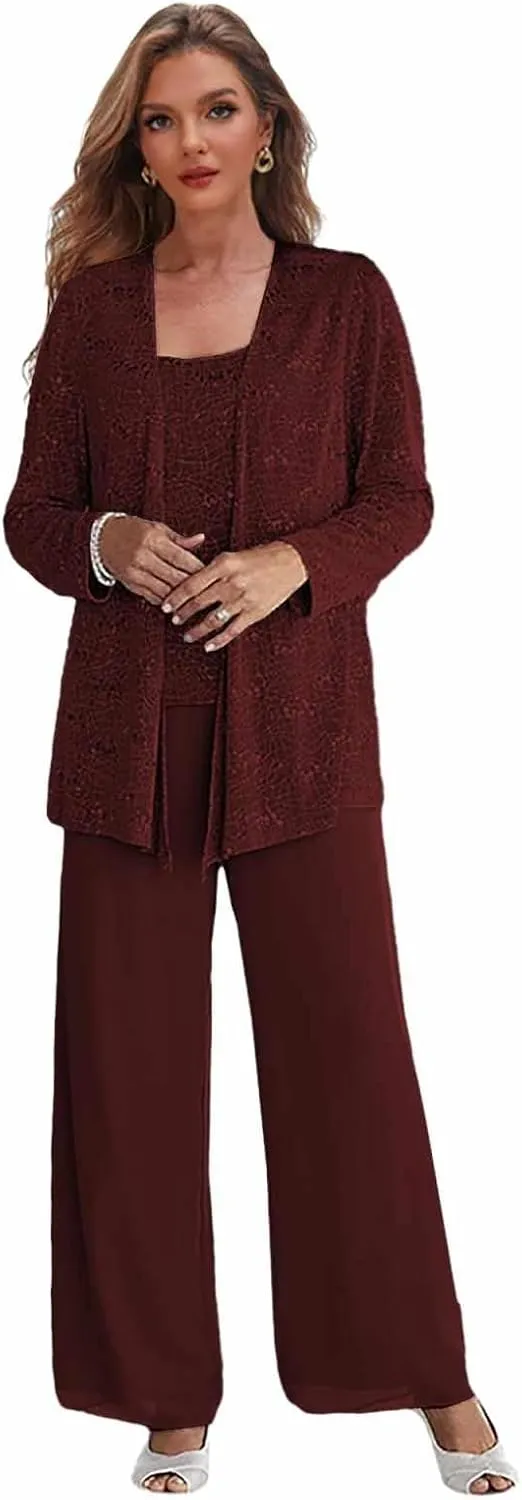 Sequin Mother of The Bride Pant Suits with Jacket 3 Pieces Formal Dress for Wedding Chiffon Outfit Sets