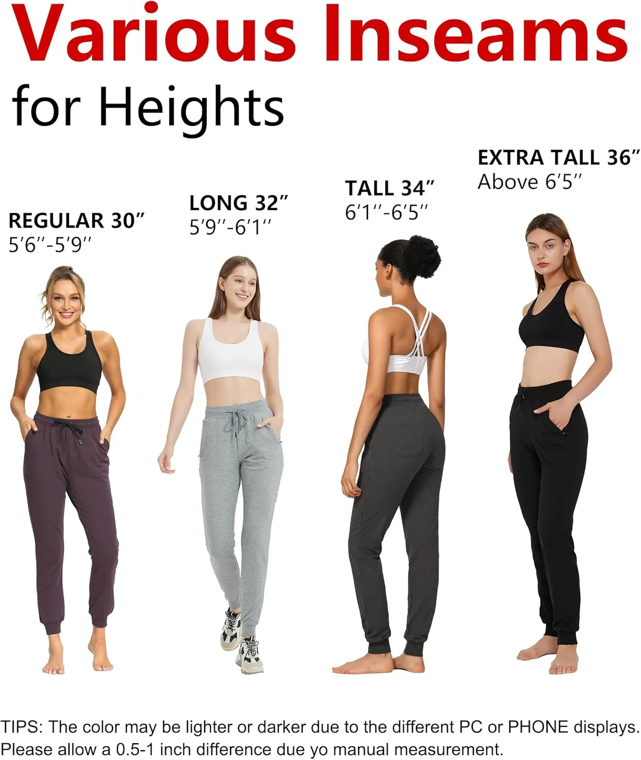 SEVEGO Tall Women's 30/32/34/36 Inseam Jogger Lightweight Cotton Sweatpants Zipper Pockets Running Long Sweat Pants