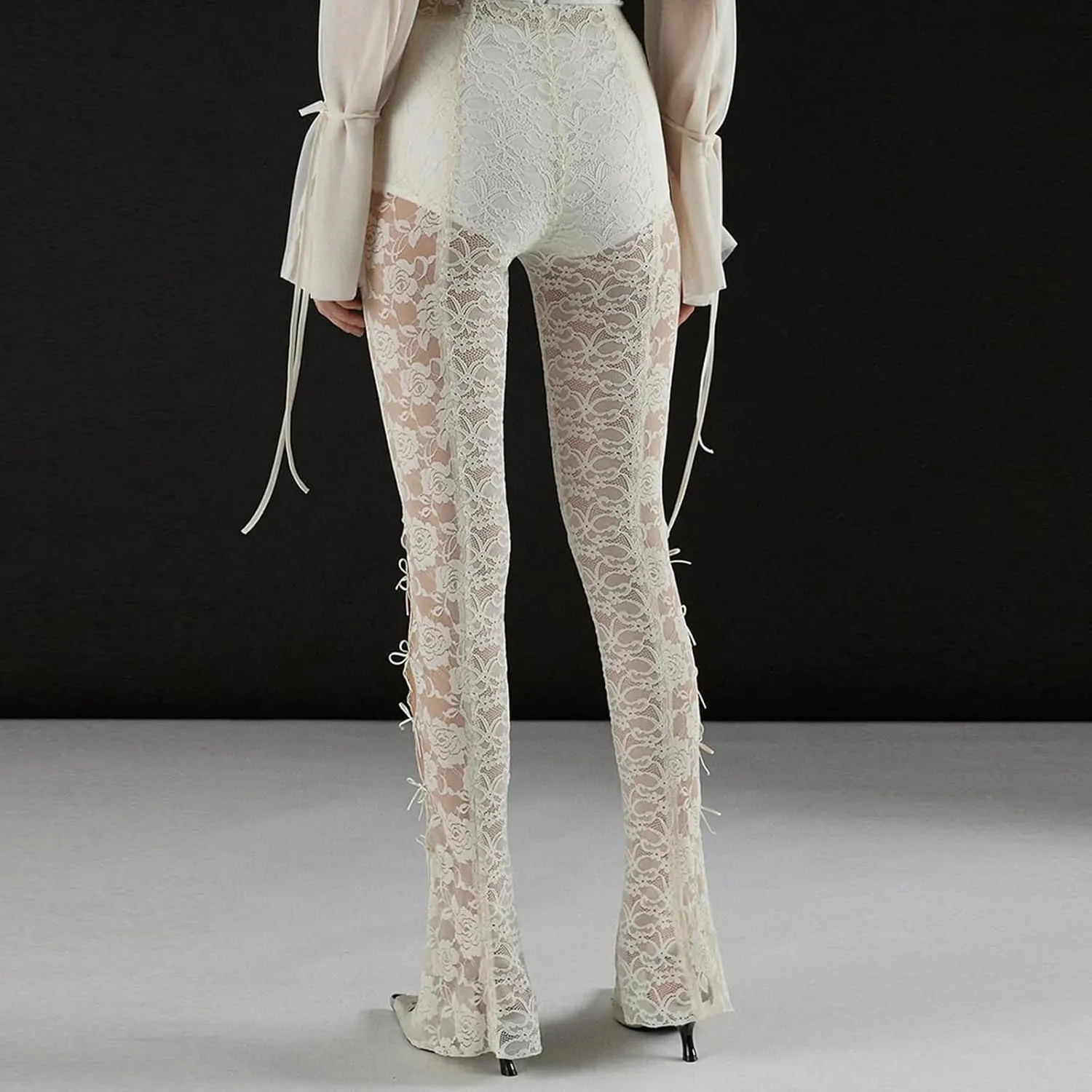 Sexy Women Y2K Lace Flare Pants High Waist See-Through Sheer Mesh Leggings Coquette Wide Leg Bell-Bottom Trousers