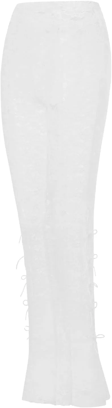 Sexy Women Y2K Lace Flare Pants High Waist See-Through Sheer Mesh Leggings Coquette Wide Leg Bell-Bottom Trousers