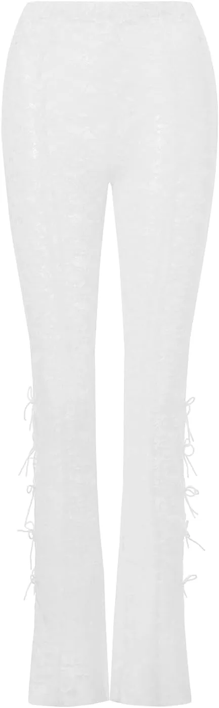Sexy Women Y2K Lace Flare Pants High Waist See-Through Sheer Mesh Leggings Coquette Wide Leg Bell-Bottom Trousers