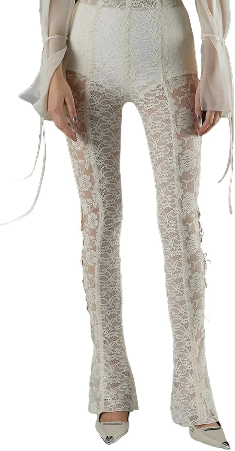 Sexy Women Y2K Lace Flare Pants High Waist See-Through Sheer Mesh Leggings Coquette Wide Leg Bell-Bottom Trousers
