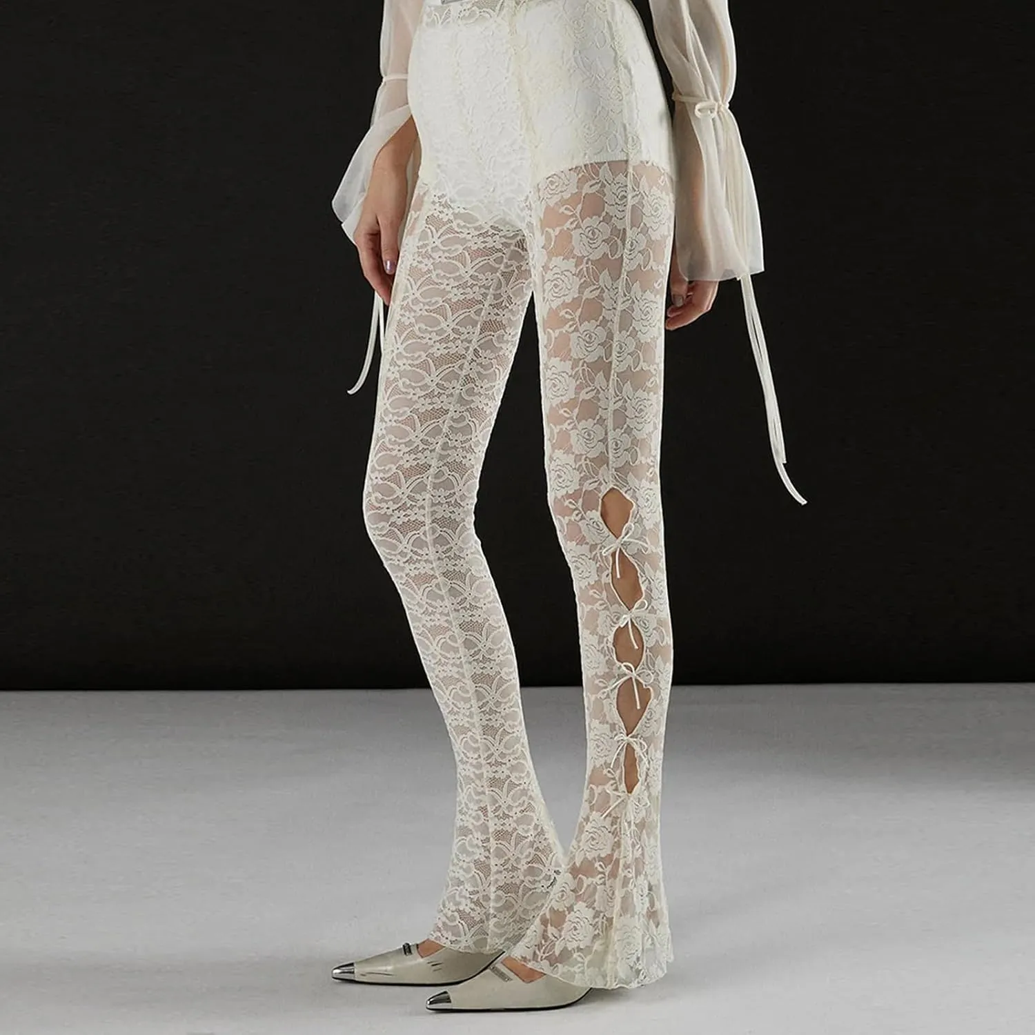 Sexy Women Y2K Lace Flare Pants High Waist See-Through Sheer Mesh Leggings Coquette Wide Leg Bell-Bottom Trousers