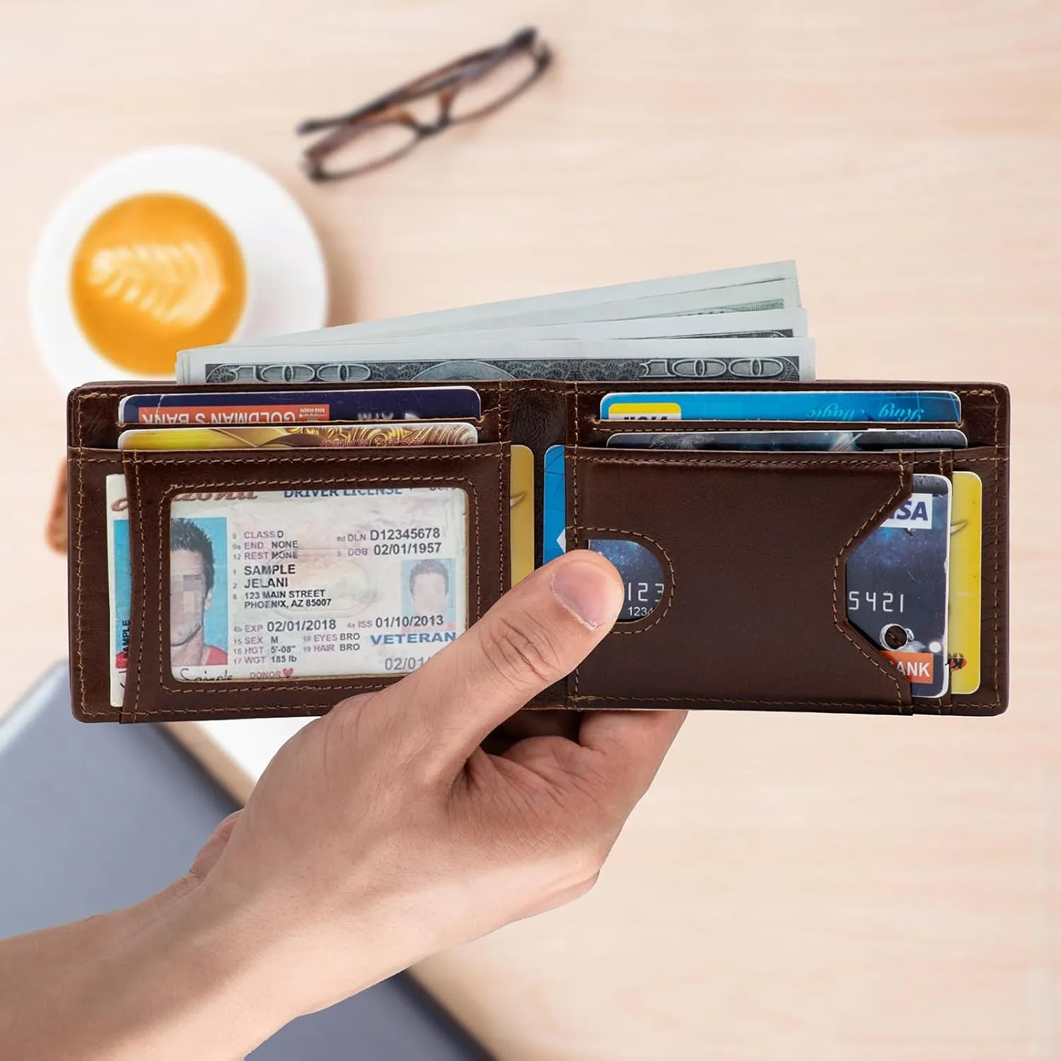 Slim Minimalist Mens Bifold Wallet, RFID Blocking Genuine Leather Wallet for Men with ID Window and 8 Cards Slot.coffee