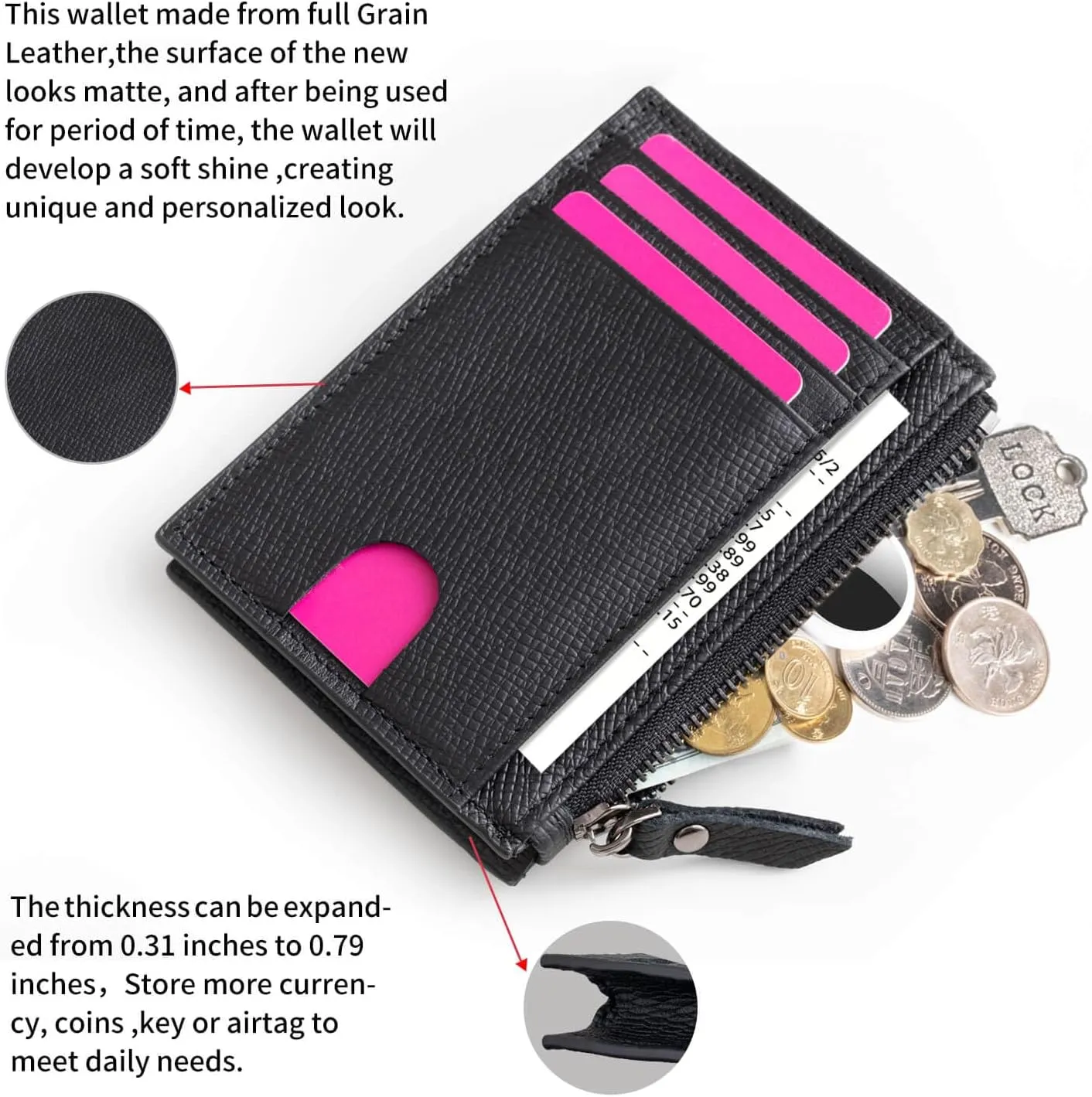 Slim Wallet for Women Small Leather RFID Blocking Credit Card Holder Minimalist Front Pocket Wallet with Coin Purses & Pouches,Black