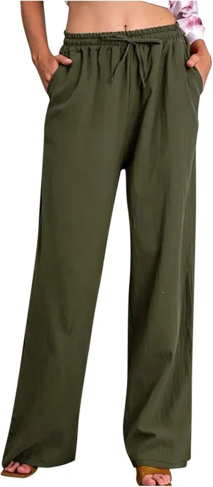 SMIDOW Summer Pants for Women 2023 Cotton Linen Elastic Waist Drawstring Wide Leg Ankle Length Lounge Pant with Pockets