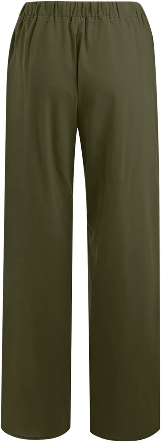 SMIDOW Summer Pants for Women 2023 Cotton Linen Elastic Waist Drawstring Wide Leg Ankle Length Lounge Pant with Pockets