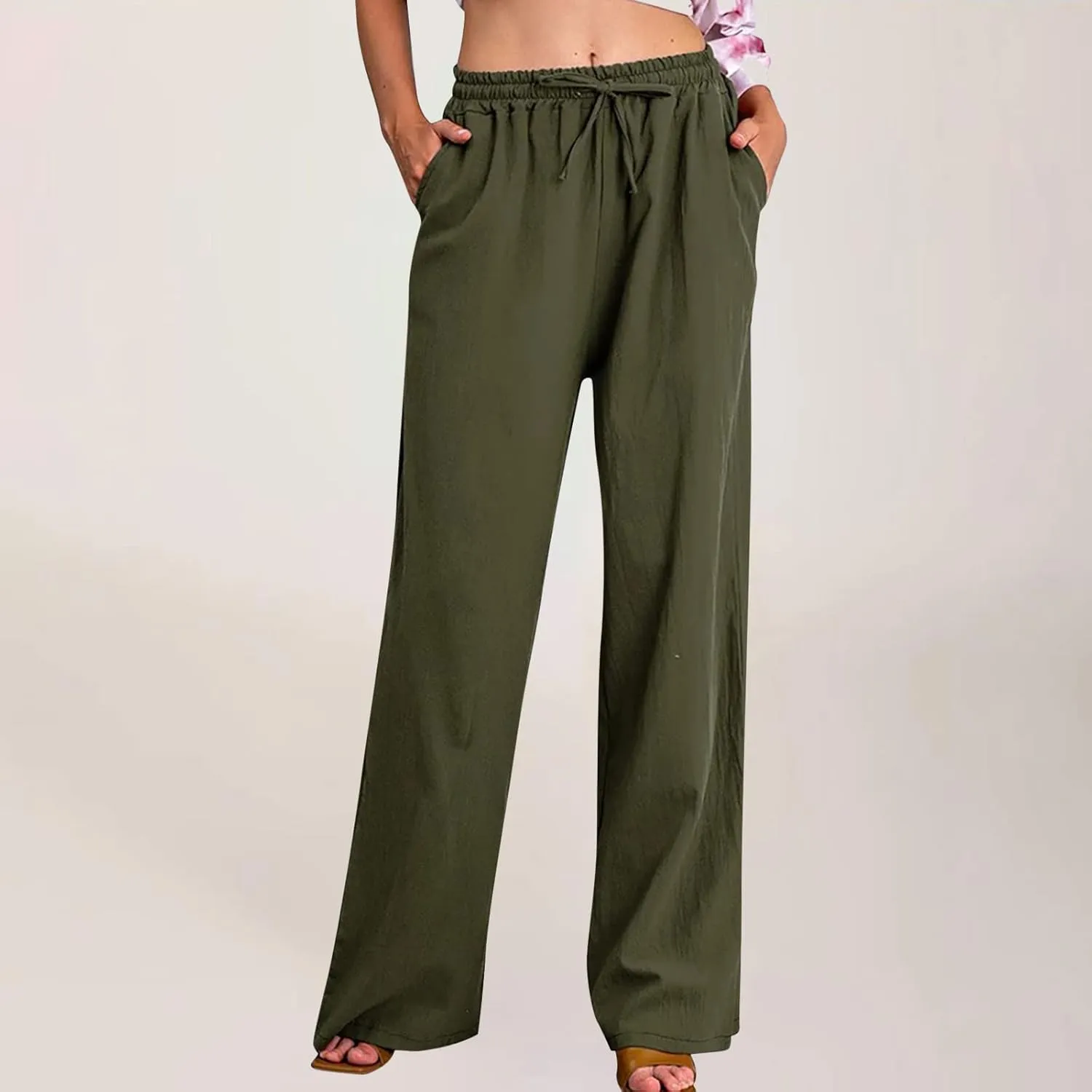 SMIDOW Summer Pants for Women 2023 Cotton Linen Elastic Waist Drawstring Wide Leg Ankle Length Lounge Pant with Pockets