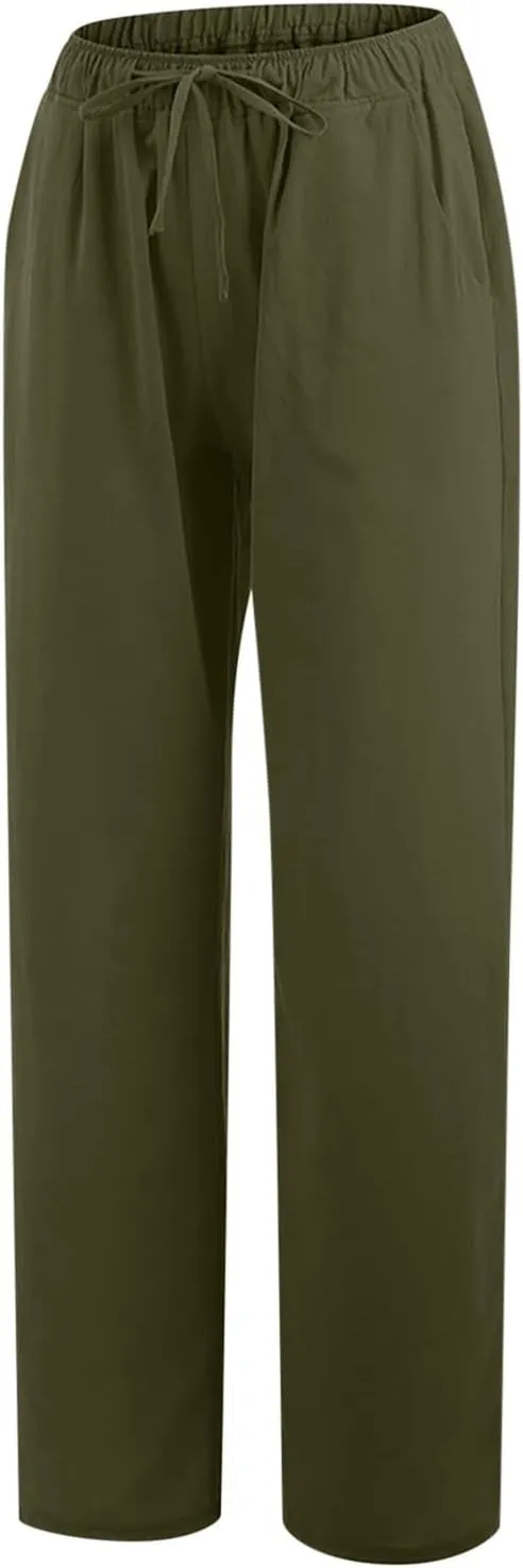 SMIDOW Summer Pants for Women 2023 Cotton Linen Elastic Waist Drawstring Wide Leg Ankle Length Lounge Pant with Pockets