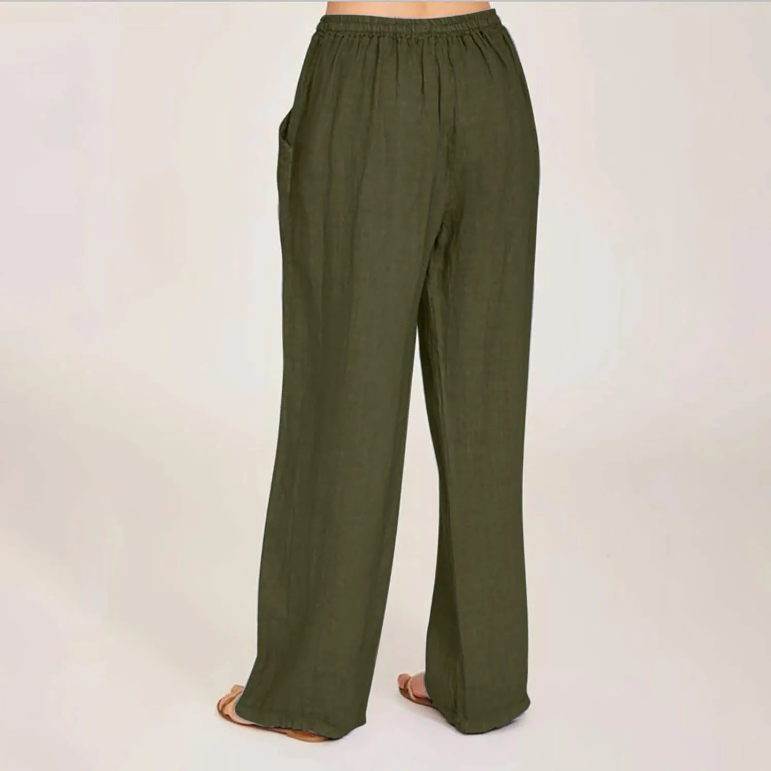 SMIDOW Summer Pants for Women 2023 Cotton Linen Elastic Waist Drawstring Wide Leg Ankle Length Lounge Pant with Pockets