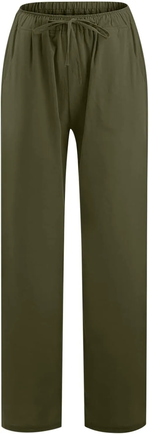 SMIDOW Summer Pants for Women 2023 Cotton Linen Elastic Waist Drawstring Wide Leg Ankle Length Lounge Pant with Pockets