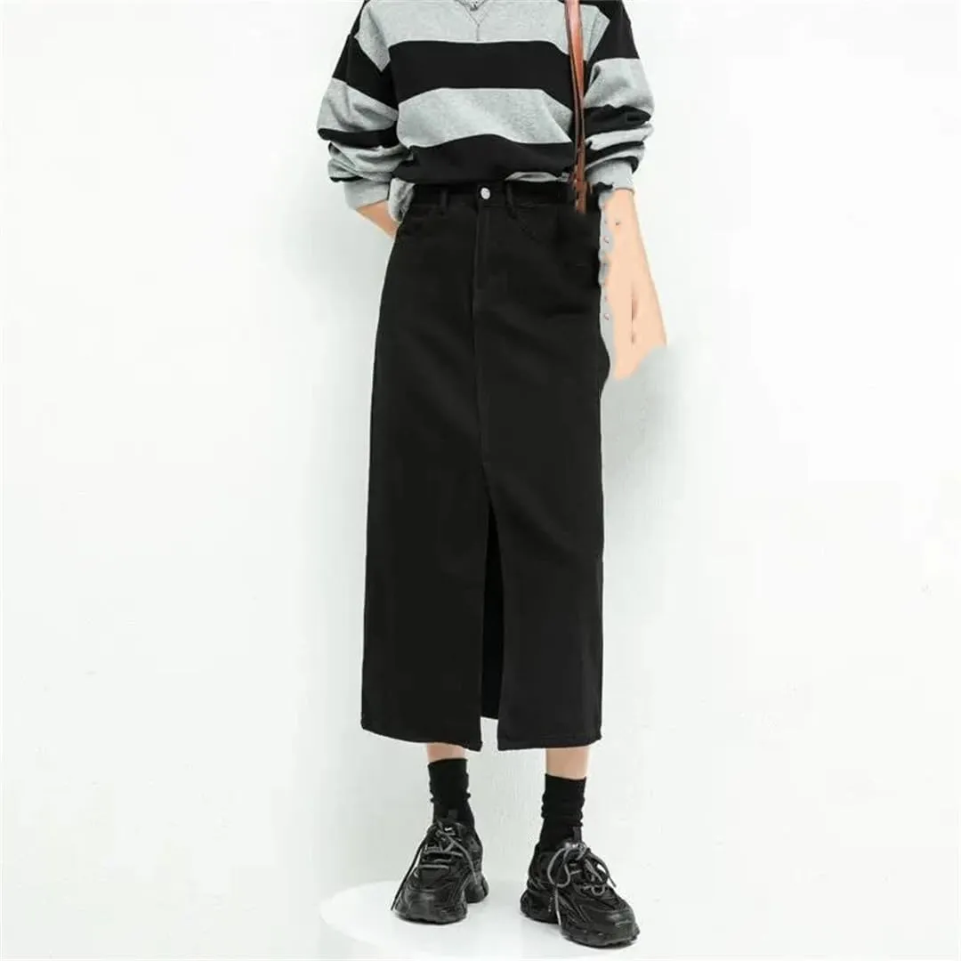 Split Denim Skirt for Women High Waisted Loose A-Line Skirt Elegant Black Spring Fashion Mid Length Skirts Skirts