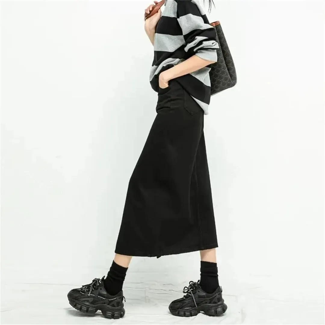Split Denim Skirt for Women High Waisted Loose A-Line Skirt Elegant Black Spring Fashion Mid Length Skirts Skirts