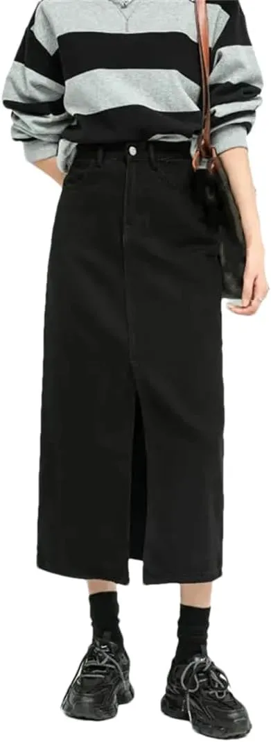 Split Denim Skirt for Women High Waisted Loose A-Line Skirt Elegant Black Spring Fashion Mid Length Skirts Skirts