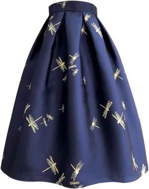 Spring Summer Vintage Embroidery High Waist Midi Pleated Skirt