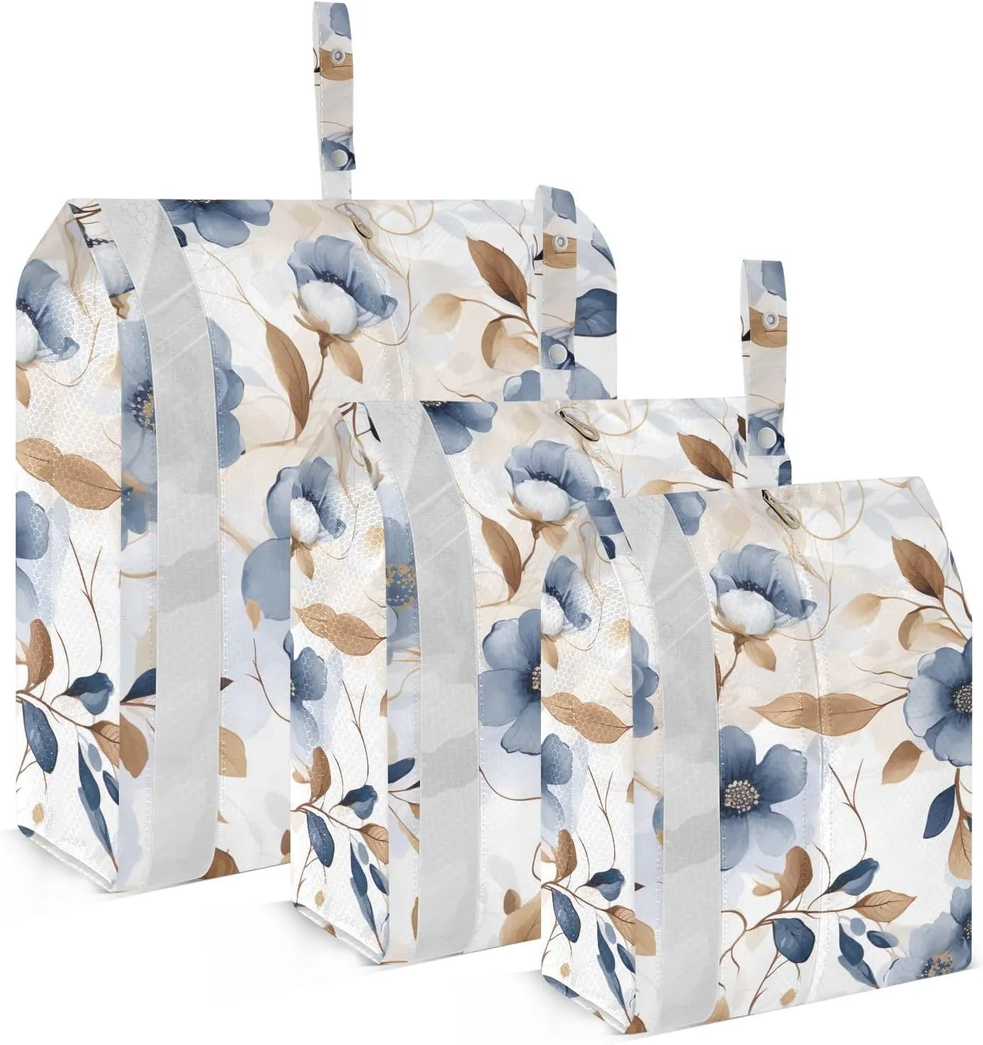 SPRIPORT Blue Flowers Golden Leaves 3 Set Compression Packing Cubes for Travel Lightweight Luggage Organizer Bags for Carry on Suitcase Travel Essentials for Woman Man Vacation Clothes