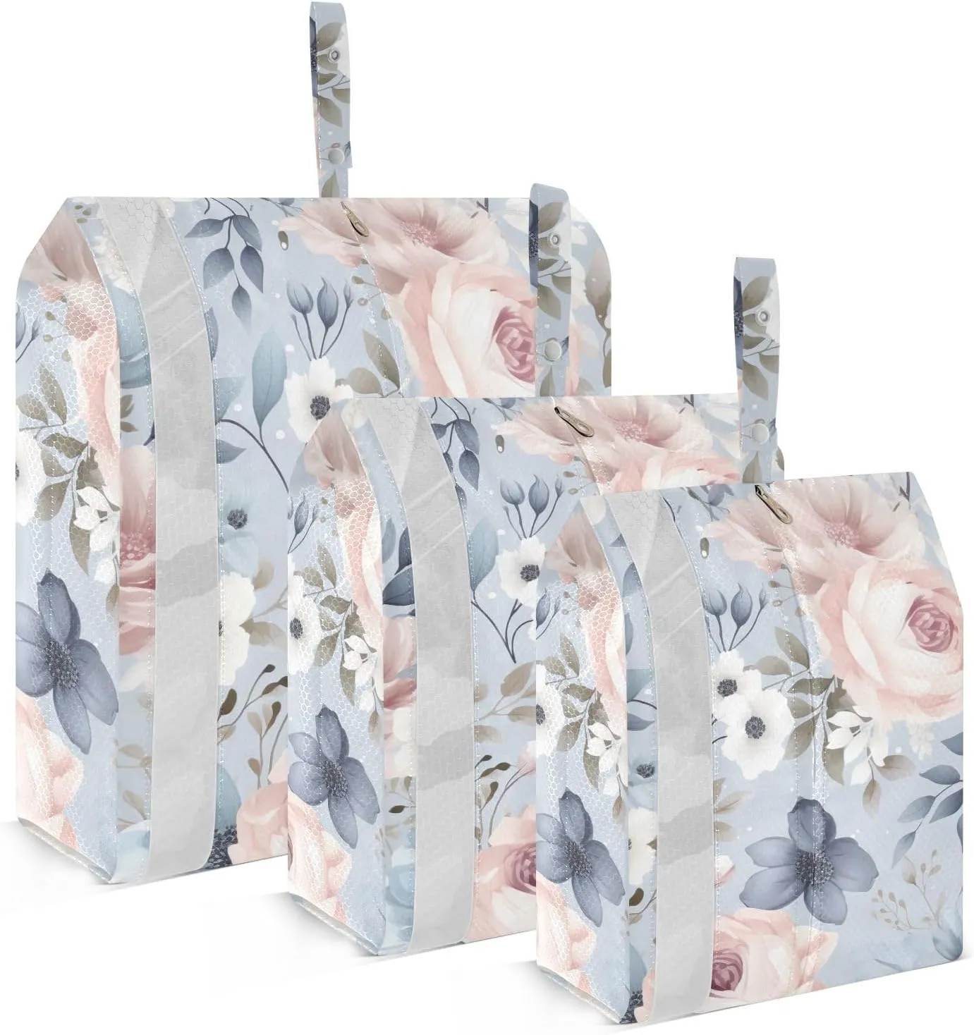SPRIPORT Blue Pink Flowers Gray Leaves 3 Set Compression Packing Cubes for Travel Lightweight Luggage Organizer Bags for Carry on Suitcase Travel Essentials for Man Woman Clothes Vacation